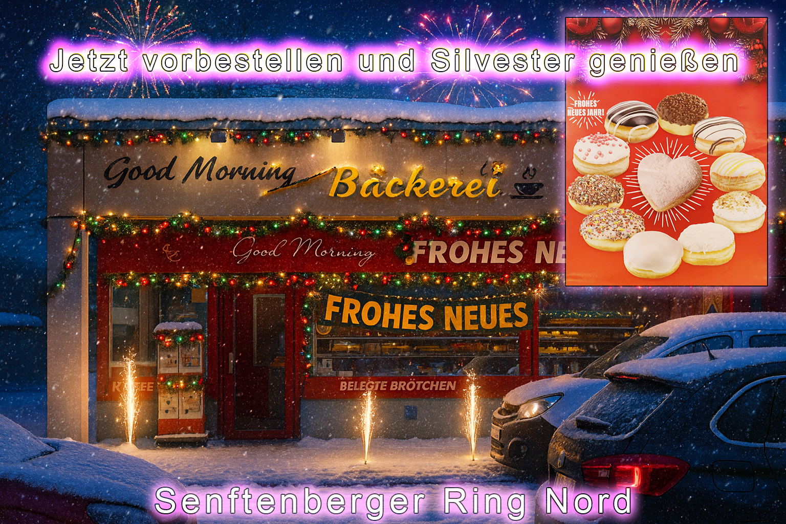 So holst du dir deine Silvester-Berliner im Viertel Wer Silvester im Märkischen Viertel feiert und es gern süß mag, wird in der Good Morning Bäckerei fündig. In der Auslage stapeln sich Berliner in allen Varianten, mit Schokolade, Puderzucker, bunten Streuseln, fruchtiger Füllung und sogar in Herzform für alle, die den Jahreswechsel gern mit besonderen Menschen teilen. Zu den süßen Sachen kommen frische Baguettes und andere Backwaren, die sich gut fürs Buffet zu Hause oder für eine entspannte Runde mit Familie und Freundeskreis eignen. Wer sich eine gemischte Silvesterbox sichern möchte, kann seine Wunschsorten vorbestellen und spart sich so den Andrang direkt vor der Theke. Am Wochenende und an Feiertagen hat die Good Morning Bäckerei von 7 bis 13 Uhr geöffnet. Ideal für alle, die den letzten Tag des Jahres mit frischen Brötchen, Pfannkuchen und einem gut gefüllten Gebäckkarton starten wollen. So wird der Weg zur Bäckerei schnell zu einem kleinen Ritual, das zum Jahreswechsel dazugehört. Vielleicht beginnt das neue Jahr nicht mit einem großen Vorsatz, sondern mit einem einfachen süßen Bissen, der am Tisch geteilt wird. Manchmal sind es genau diese Momente, in denen deutlich wird, wie gut es tut, den Start in ein neues Jahr gemeinsam zu erleben. #MärkischesViertel #Reinickendorf #Berlin #GoodMorningBäckerei #Silvester #Berliner